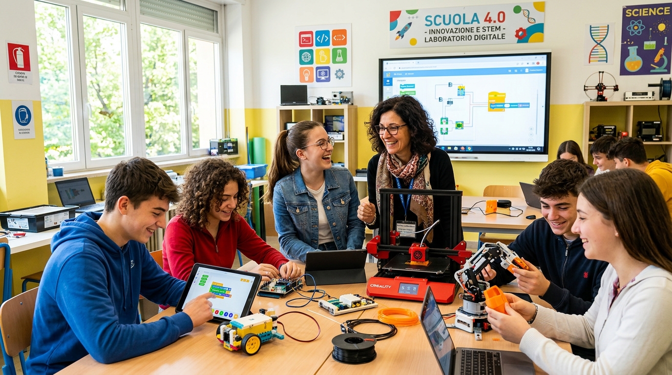 Docente e studenti in aula innovativa Scuola 4.0 con robotica educativa e monitor interattivo